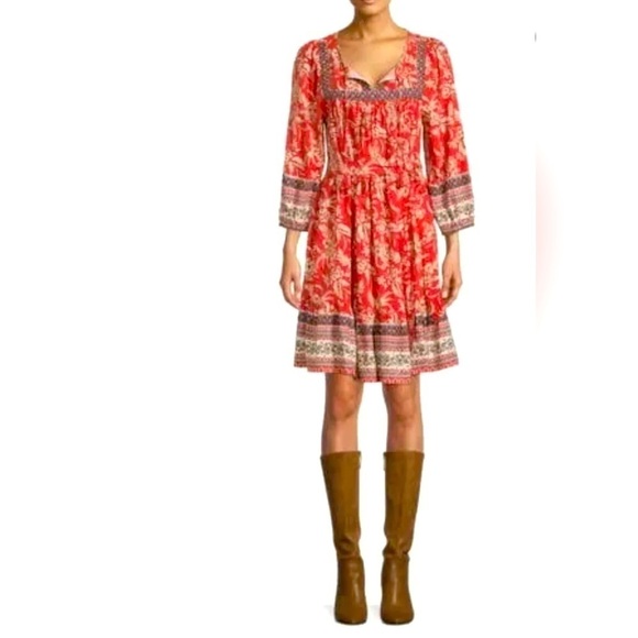 Beach Lunch Lounge Bell Peasant Top Border Dress Red Floral Size M - Picture 11 of 11